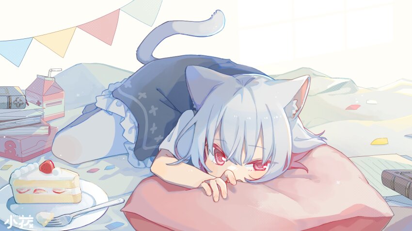 1girl, absurdres, animal_ear_fluff, animal_ears, bed_sheet, black_dress, book, book_stack, cake, cake_slice, carton, cat_ears, cat_girl, character_name, coefont, colored_inner_hair, commentary_request, confetti, covered_mouth, dress, food, fork, grey_hair, halftone, head_on_pillow, highres, indoors, logo, looking_at_viewer, lying, multicolored_hair, no_jacket, no_shoes, official_art, on_stomach, pantyhose, pennant, pillow, pink_eyes, pink_hair, sayo_(voicevox), sayonaka_megumo, second-party_source, short_sleeves, solo, strawberry_shortcake, string_of_flags, uneven_eyes, voicevox, white_pantyhose, window_shadow