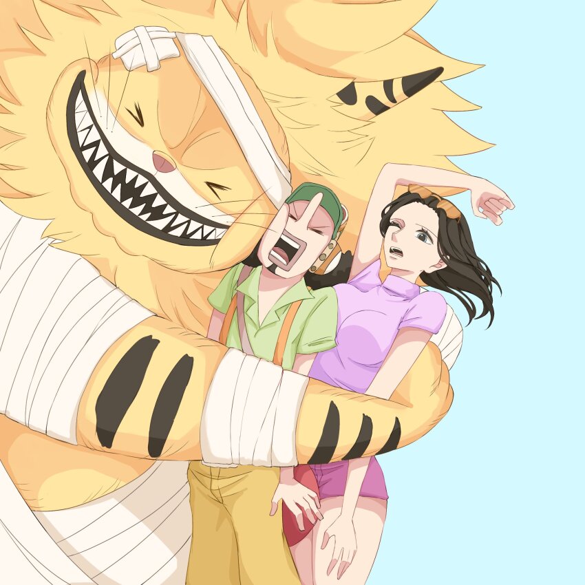 >_<, 02mikan, 1girl, 2boys, animal_ears, bandaged_arm, bandaged_head, bandages