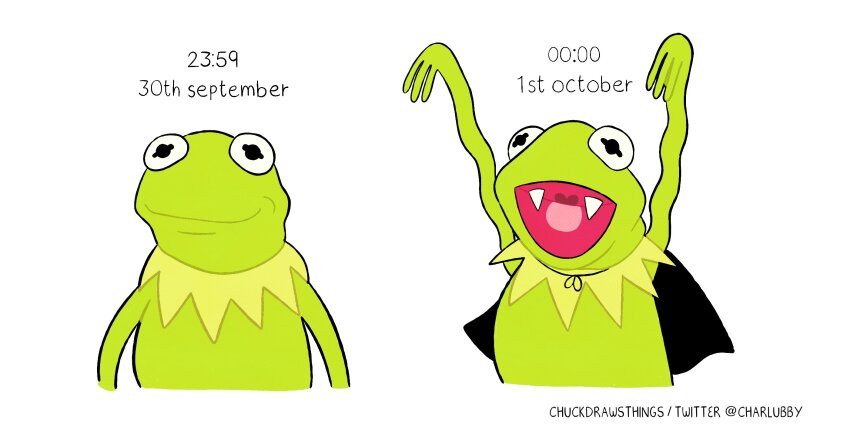 1boy, arms_up, artist_name, black_capelet, capelet, chuckdrawsthings, colored_skin, cropped_torso, dated, english_text, fangs, green_skin, halloween, highres, kermit_the_frog, meme, muppets, open_mouth, smile, staring, vampire_costume, wavy_arms, white_background