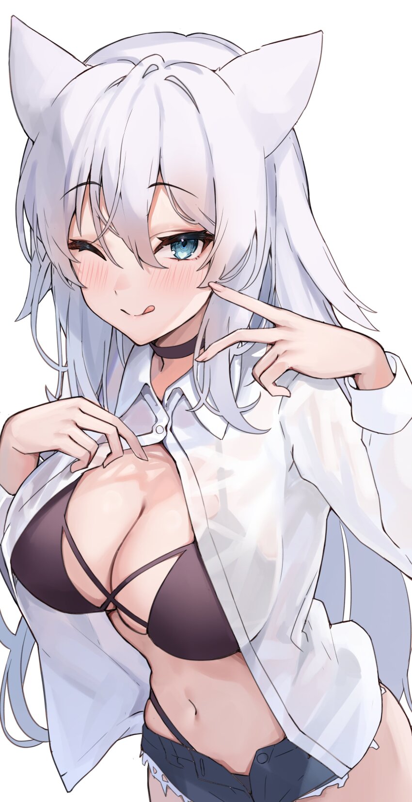 aarontsay, absurdres, animal_ears, bikini, breasts, cat_girl, choker, clothes_lift