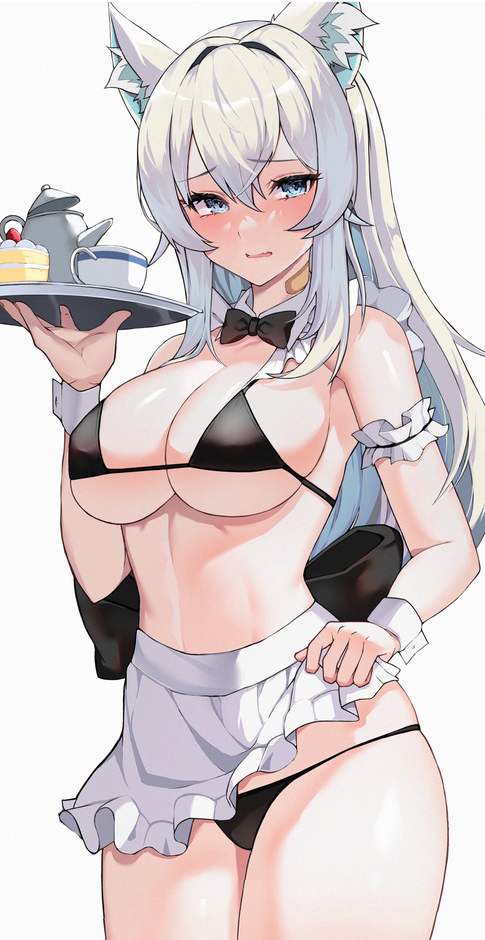 aarontsay, animal_ears, apron, apron_lift, bikini, breasts, cat_girl, clothes_lift