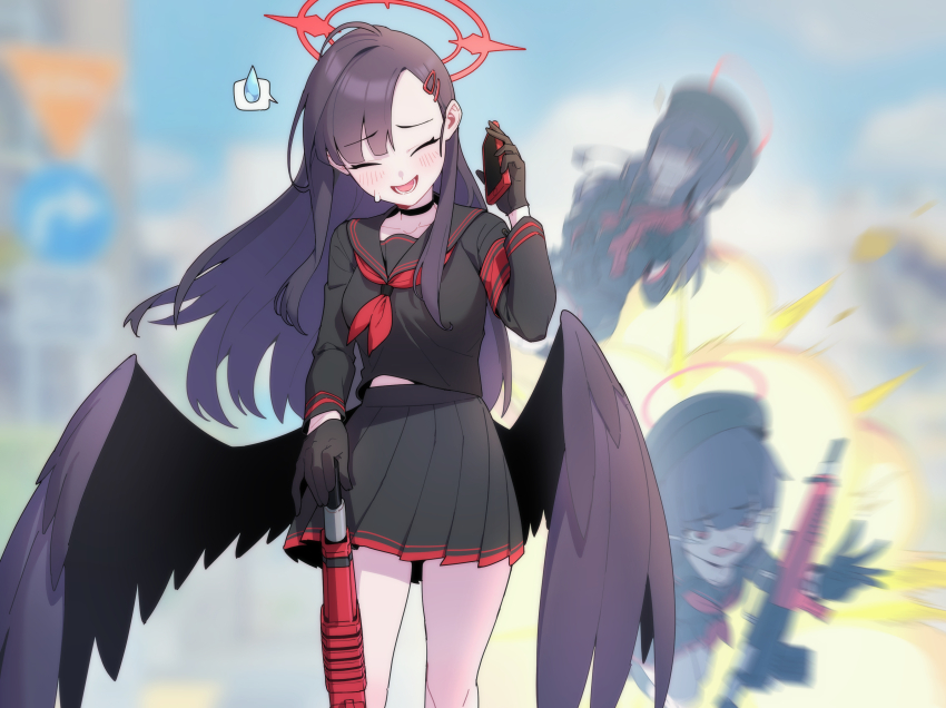 4girls, absurdres, beret, black_choker, black_gloves, black_hair, black_headwear, black_sailor_collar