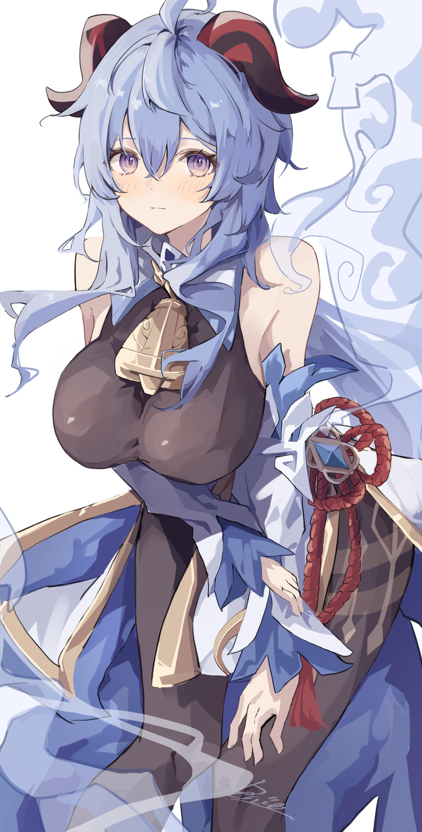 1girl, absurdres, bare_shoulders, bell, blue_hair, breasts, detached_sleeves, ganyu_(genshin_impact)