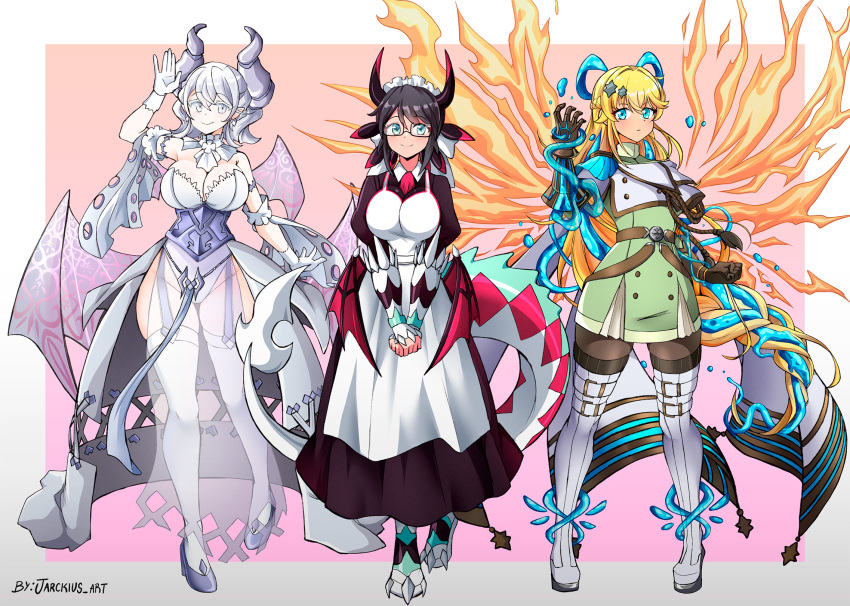 3girls, apron, black_hair, blonde_hair, blue_eyes, braid, breasts, cleavage, crown_braid, demon_girl, demon_horns, demon_wings, dragon_girl, dragon_horns, dragon_tail, dragon_wings, dress, duel_monster, epaulettes, exosister_elis, exosister_mikailis, glasses, gloves, green_eyes, grey_eyes, hair_ornament, highres, holding, horns, house_dragonmaid, jarckius, lace-trimmed_apron, lace_trim, large_breasts, leotard, leotard_under_clothes, long_hair, long_sleeves, looking_at_viewer, lovely_labrynth_of_the_silver_castle, low_wings, maid, maid_apron, maid_headdress, multiple_girls, multiple_wings, pink_hair, pointy_ears, smile, spread_cleavage, star_(symbol), star_hair_ornament, tail, thighhighs, transparent_wings, twintails, white_hair, white_horns, wings, yu-gi-oh!, yu-gi-oh!_master_duel