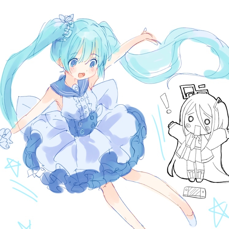 2girls, aqua_hair, aris_(blue_archive), blue_archive, crossover, dress, halo, hatsune_miku