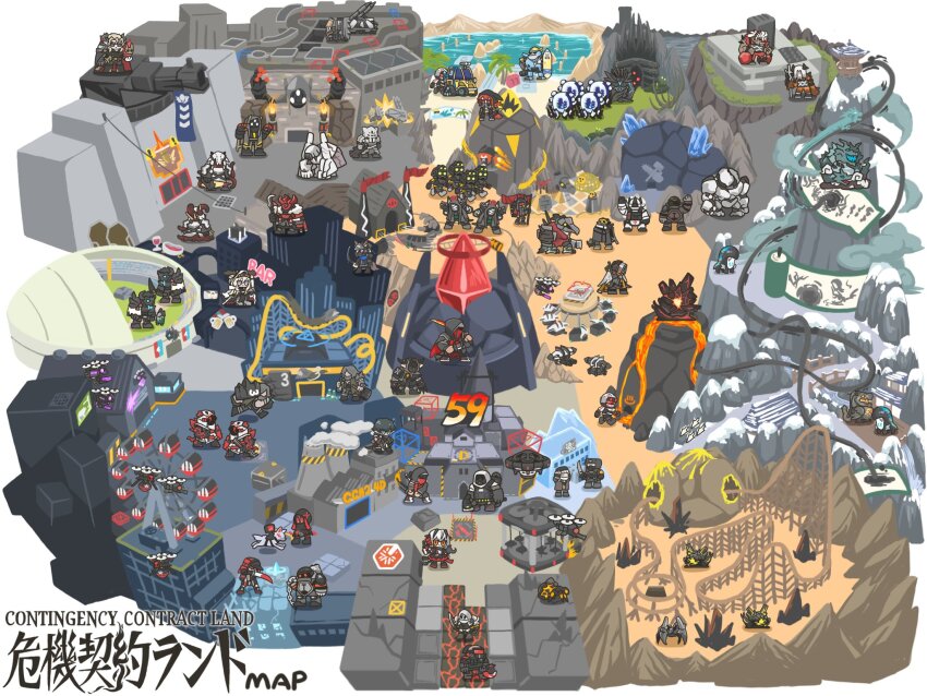 4girls, 6+boys, 6+others, amusement_park, arknights, big_bob_(arknights), bitey_(arknights), chibi, corrupted_knight_(arknights), crownslayer_(arknights), drone, duq'arael_(arknights), faust_(arknights), hateful_avenger_(arknights), highres, mudrock_(arknights), multiple_boys, multiple_girls, multiple_others, nearl_(arknights), nearl_the_radiant_knight_(arknights), nearl_the_radiant_knight_(relight)_(arknights), originium_arts_(arknights), originium_slug_(arknights), pocket_sea_crawler_(arknights), reunion_soldier_(arknights), rihi_ewokakune, rockbreaker_leader_(arknights), seaborn_(arknights), tiacauh_brave_(arknights), w_(arknights), waving, withered_knight_(arknights)