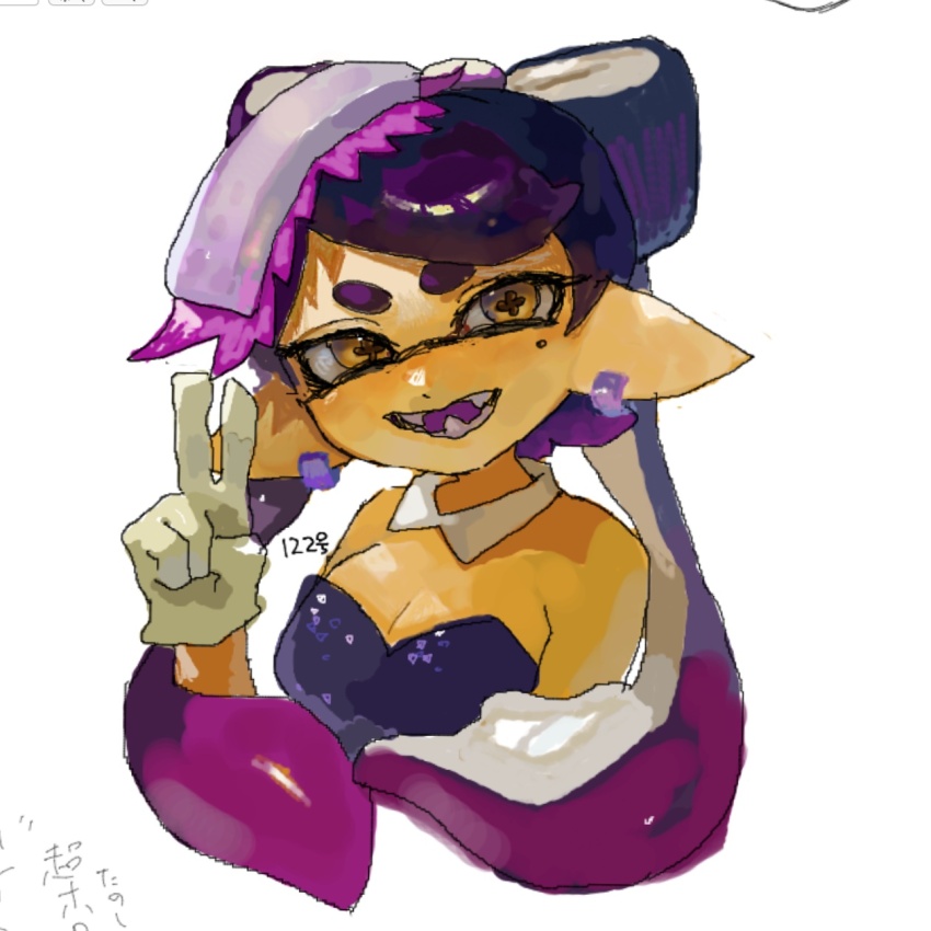 +_+, bare_shoulders, breasts, callie_(splatoon), cleavage, earrings, gloves, highres