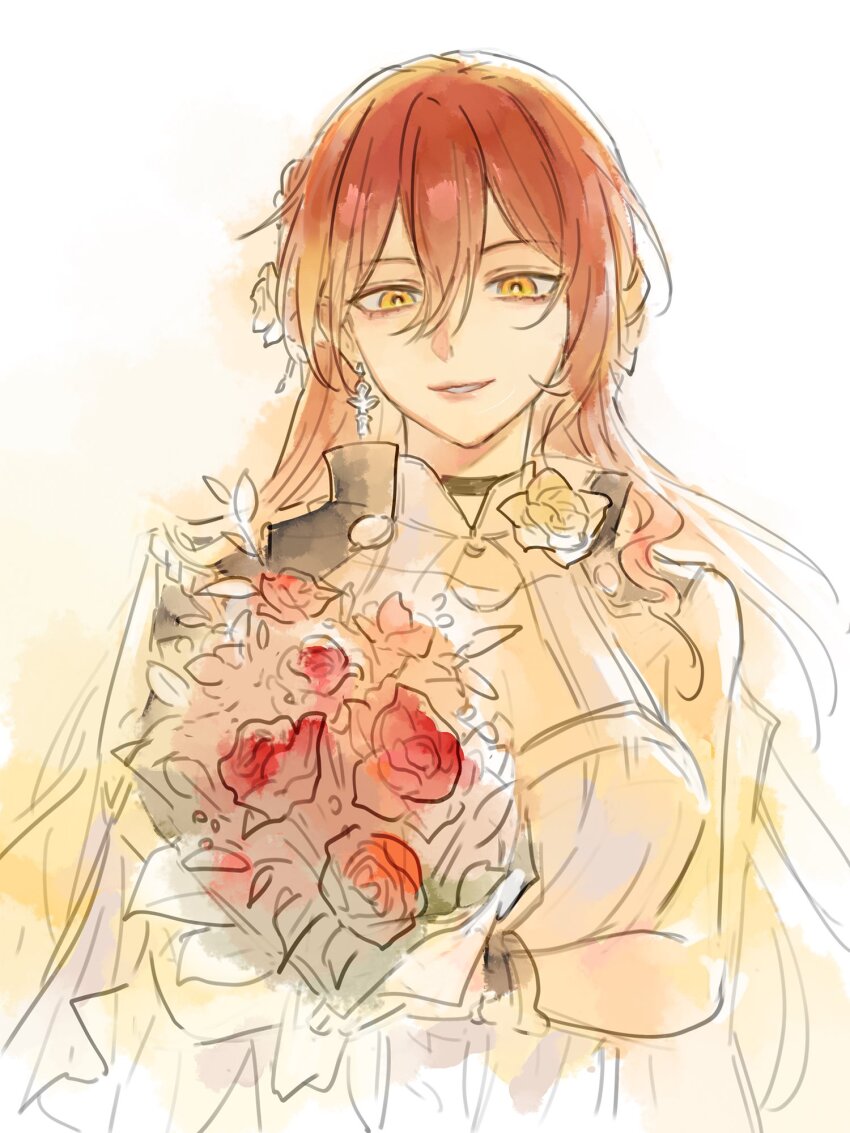 1girl, black_choker, black_jacket, bouquet, bracelet, breasts, choker, collared_jacket