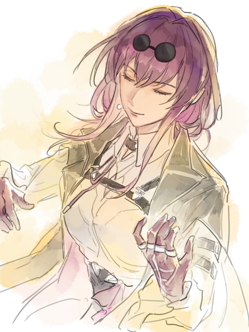 1girl, black_choker, black_jacket, black_shorts, breasts, choker, closed_eyes, closed_mouth, collared_jacket, collared_shirt, earrings, eyewear_on_head, gloves, hair_between_eyes, hands_up, high-waist_shorts, highres, honkai:_star_rail, honkai_(series), jacket, jewelry, kafka_(honkai:_star_rail), large_breasts, long_sleeves, open_clothes, open_jacket, pearl_earrings, purple_gloves, purple_hair, ring, round_eyewear, shirt, short_hair, short_hair_with_long_locks, shorts, sidelocks, simple_background, single_earring, smile, solo, spider_web_print, standing, sunglasses, violessastvira, white_background, white_shirt