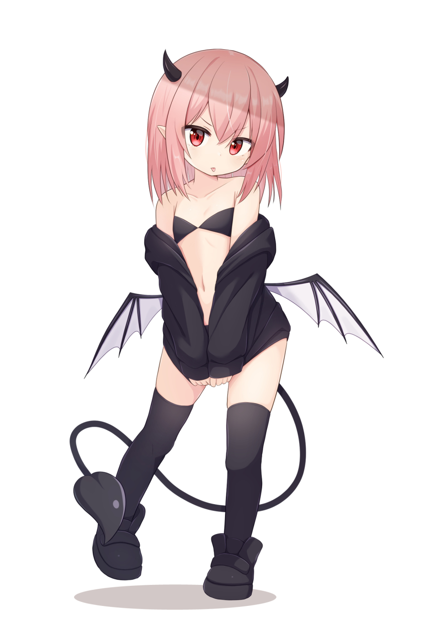 >:(, 1girl, :p, black_bra, black_footwear, black_jacket, black_panties, black_thighhighs