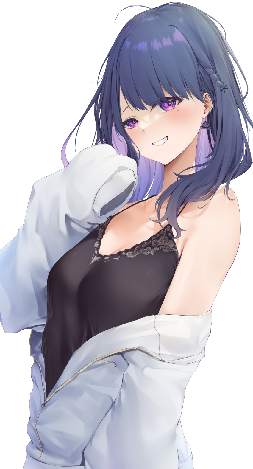 1girl, absurdres, black_camisole, blue_hair, braid, breasts, camisole, colored_inner_hair