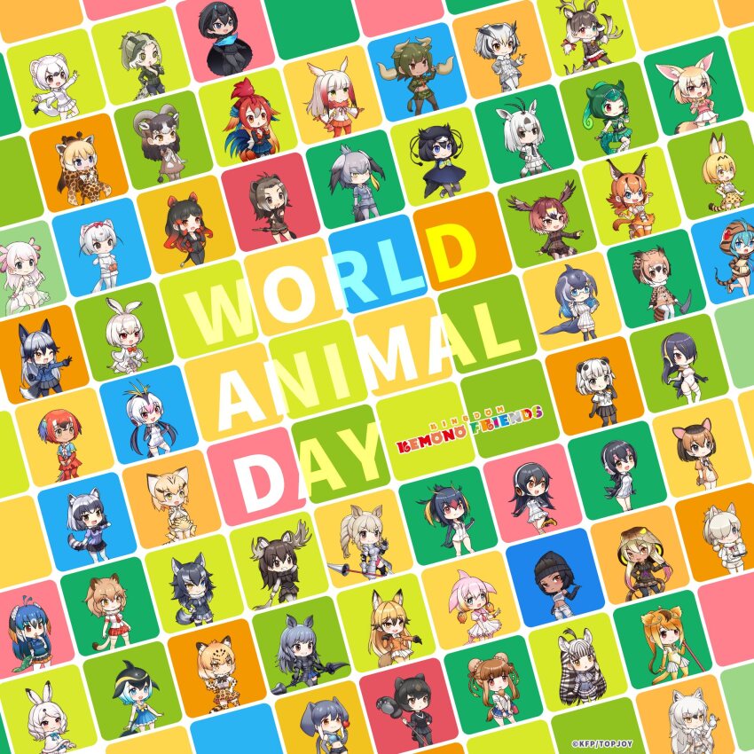 african_elephant_(kemono_friends), alpaca_suri_(kemono_friends), american_beaver_(kemono_friends), animal_ears, arabian_oryx_(kemono_friends), arctic_fox_(kemono_friends), arctic_hare_(kemono_friends), aurochs_(kemono_friends), bactrian_camel_(kemono_friends), black_rhinoceros_(kemono_friends), blue_whale_(kemono_friends), caracal_(kemono_friends), chevrotain_(kemono_friends), chinese_white_dolphin_(kemono_friends), common_dolphin_(kemono_friends), common_raccoon_(kemono_friends), emperor_penguin_(kemono_friends), eurasian_eagle_owl_(kemono_friends), extra_ears, ezo_red_fox_(kemono_friends), fennec_(kemono_friends), gentoo_penguin_(kemono_friends), giant_panda_(kemono_friends), golden_eagle_(kemono_friends), golden_snub-nosed_monkey_(kemono_friends), western_lowland_gorilla_(kemono_friends), greater_bird-of-paradise_(kemono_friends), grey_wolf_(kemono_friends), highres, hippopotamus_(kemono_friends), humboldt_penguin_(kemono_friends), jaguar_(kemono_friends), japanese_black_bear_(kemono_friends), japanese_crested_ibis_(kemono_friends), kemono_friends, kemono_friends_kingdom, king_cobra_(kemono_friends), least_weasel_(kemono_friends), lion_(kemono_friends), looking_at_viewer, mexico_salamander_(kemono_friends), moose_(kemono_friends), mouflon_(kemono_friends), mountain_hare_(kemono_friends), multiple_girls, northern_white-faced_owl_(kemono_friends), official_art, panther_chameleon_(kemono_friends), paw_stick, peafowl_(kemono_friends), plains_zebra_(kemono_friends), red_junglefowl_(kemono_friends), reindeer_(kemono_friends), reticulated_giraffe_(kemono_friends), rockhopper_penguin_(kemono_friends), royal_penguin_(kemono_friends), saltwater_crocodile_(kemono_friends), sand_cat_(kemono_friends), scarlet_macaw_(kemono_friends), serval_(kemono_friends), shoebill_(kemono_friends), silver_fox_(kemono_friends), simple_background, stoat_(kemono_friends), superb_bird-of-paradise_(kemono_friends), tail, tsuchinoko_(kemono_friends), weapon, white_rhinoceros_(kemono_friends)