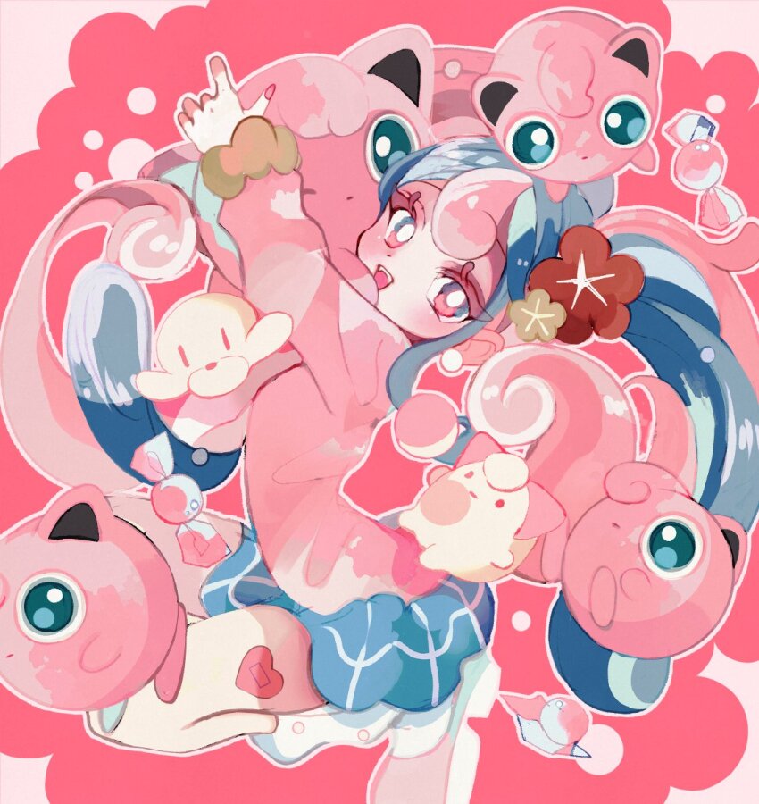 blue_skirt, cardigan, clefairy_sprite_(pokemon), earrings, fairy_miku_(project_voltage), fish_sprite_(pokemon), flower, gen_1_pokemon