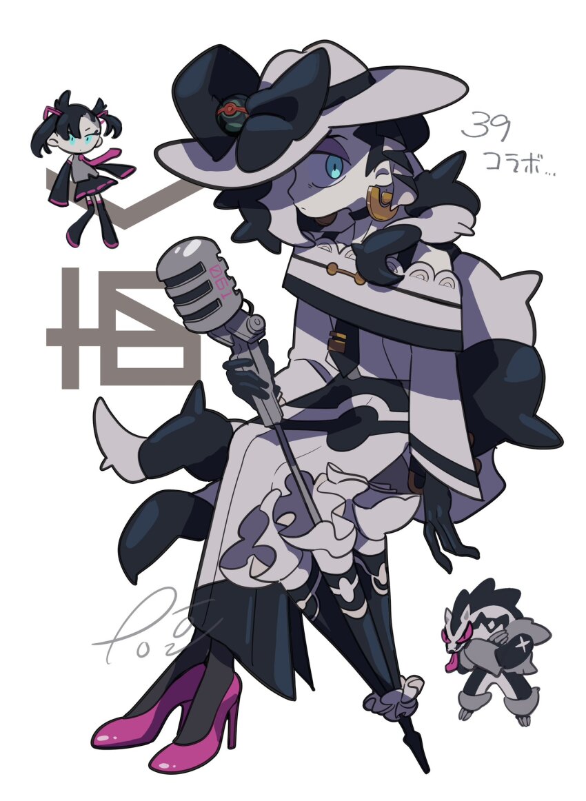 1boy, 1girl, asymmetrical_bangs, bare_shoulders, black_choker, black_footwear, black_gloves, black_hair, black_skirt, black_sleeves, blue_eyes, bow, chibi, chibi_inset, choker, closed_mouth, commentary_request, cosplay, crossdressing, dark_miku_(project_voltage), detached_sleeves, dress, earrings, eyeshadow, full_body, gen_8_pokemon, gloves, grey_shirt, hair_over_one_eye, hat, hat_bow, hat_over_one_eye, hatsune_miku, hatsune_miku_(cosplay), high_heels, highres, holding, holding_microphone_stand, holding_umbrella, invisible_chair, jewelry, long_hair, long_sleeves, looking_at_viewer, luxury_ball, makeup, male_focus, marnie_(pokemon), microphone_stand, multicolored_hair, nintendo, obstagoon, one_eye_covered, pale_skin, piers_(pokemon), pink_shoes, pleated_skirt, poke_ball, pokemon, pokemon_(creature), pokemon_sword_and_shield, project_voltage, psta_0, shirt, shoes, sitting, skirt, tongue, tongue_out, twintails, two-tone_hair, umbrella, very_long_hair, vocaloid, white_background, white_dress, white_hair, white_headwear