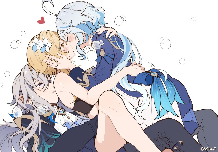 1boy, 2girls, ahoge, bisexual_female, blonde_hair, blue_hair, blush, boy_and_girl_sandwich, closed_eyes, furina_(genshin_impact), genshin_impact, heart, hetero, highres, kiss, long_hair, lumine_(genshin_impact), multiple_girls, neuvillette_(genshin_impact), quinny_il, sandwiched, short_hair, simple_background, steam, steaming_body, sweat, white_background, white_hair, yellow_eyes
