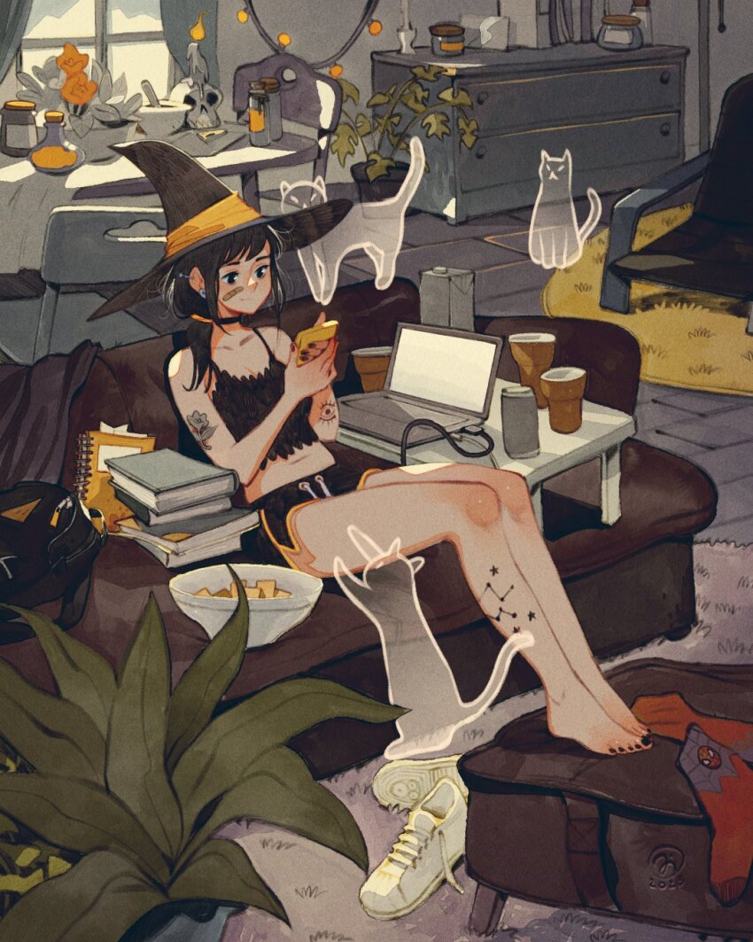 1girl, absurdly_detailed_composition, black_hair, black_hat, book, candle, constellation_tattoo, ghost