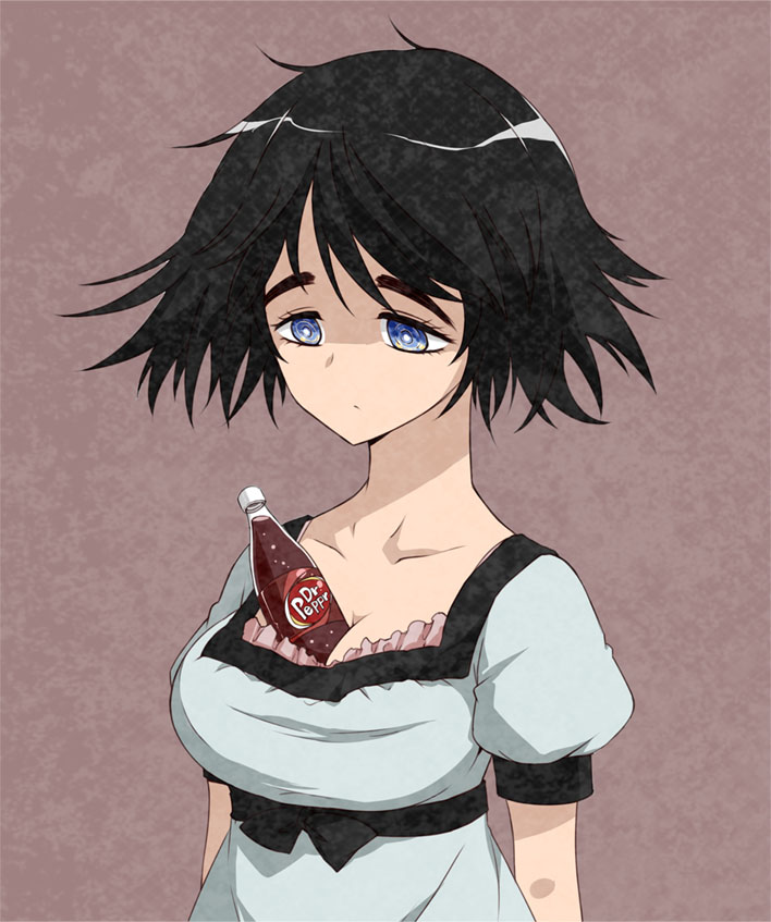 1girl, between_breasts, black_hair, blue_eyes, bottle, breasts, dr_pepper, eyebrows
