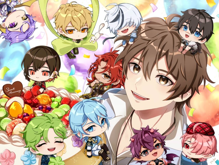 6+boys, anniversary, aster_(nu_carnival), balloon, black_eyes, black_hair, blade_(nu_carnival), blonde_hair, blue_eyes, blue_hair, bow, brown_eyes, brown_hair, cake, chibi, chibi_inset, chibi_on_head, chibi_on_shoulder, dante_(nu_carnival), demon, demon_boy, demon_horns, demon_tail, earrings, edmond_(nu_carnival), eiden_(nu_carnival), eyes_visible_through_hair, fangs, food, fruit, fruit_cake, garu_(nu_carnival), green_eyes, green_hair, hair_between_eyes, hair_over_eyes, hair_over_one_eye, happy, heterochromia, highres, horns, jewelry, kuya_(nu_carnival), looking_at_viewer, male_focus, mole, mole_under_eye, morvay_(nu_carnival), multicolored_hair, multiple_boys, nu_carnival, olivine_(nu_carnival), on_head, open_mouth, orange_eyes, pink_hair, purple_eyes, purple_hair, quincy_(nu_carnival), red_eyes, red_hair, ribbon, short_hair, slit_pupils, smile, smug, tail, teeth, topper_(nu_carnival), upper_teeth_only, white_hair, yadome810, yakumo_(nu_carnival), yellow_eyes