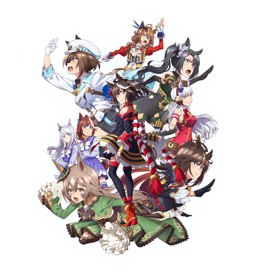 6+girls, animal_ears, black_thighhighs, bow, brown_hair, cheval_grand_(grand_itineraire)_(umamusume), cheval_grand_(umamusume), dress