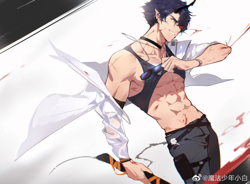 1boy, abs, arknights, bara, black_hair, blood, eloseu_(haribochase), flamebringer_(arknights)