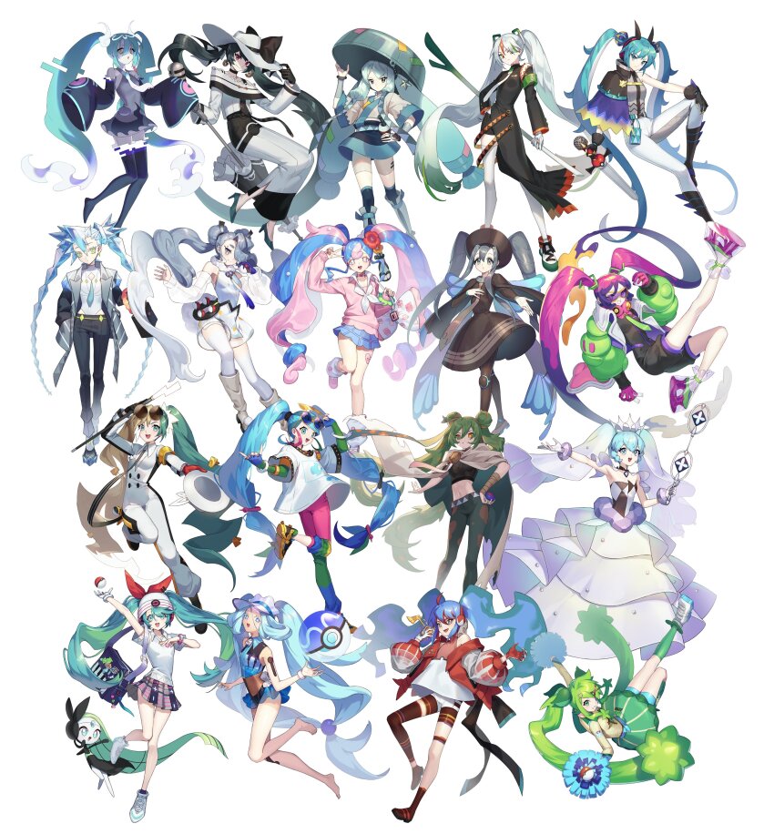 6+girls, absurdres, bare_legs, black_hair, blue_hair, bug_miku_(project_voltage), cloak, dark_miku_(project_voltage), double_bun, dragon_miku_(project_voltage), electric_miku_(project_voltage), fairy_miku_(project_voltage), fighting_miku_(project_voltage), fire_miku_(project_voltage), flying_miku_(project_voltage), gen_5_pokemon, ghost_miku_(project_voltage), gradient_hair, grass_miku_(project_voltage), green_hair, grey_hair, ground_miku_(project_voltage), hair_bun, hatsune_miku, highres, ice_hair, ice_miku_(project_voltage), korean_commentary, legendary_pokemon, liquid_hair, looking_at_viewer, meloetta, meloetta_(aria), mongguri, multicolored_hair, multiple_girls, mythical_pokemon, nintendo, normal_miku_(project_voltage), pink_hair, poison_miku_(project_voltage), poke_ball, poke_ball_(basic), pokemon, project_voltage, psychic_miku_(project_voltage), purple_hair, rock_miku_(project_voltage), smile, spiked_hair, steel_miku_(project_voltage), twintails, two-tone_hair, vocaloid, water_miku_(project_voltage)