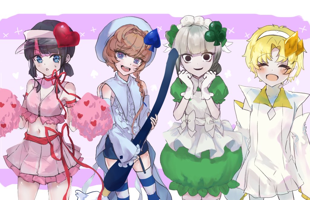 1boy, 3girls, amulet_clover, amulet_dia, amulet_heart, amulet_spade, beret, black_eyes