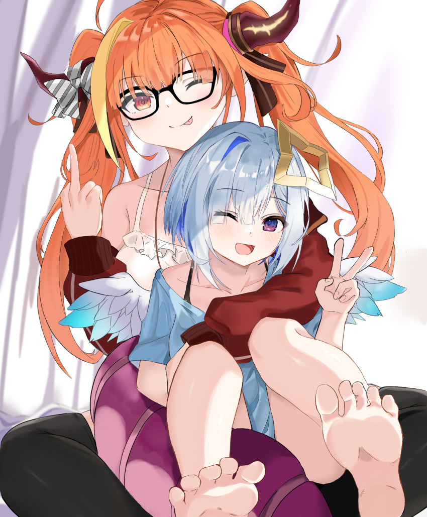 2girls, absurdres, ahoge, amane_kanata, angel, angel_wings, arm_over_shoulder, barefoot, black_bra, black_pants, bra, bra_strap, breasts, cardigan, dragon_girl, dragon_tail, feet, grey_hair, hair_ornament, hideharu, highres, hololive, horns, hug, jacket, kiryu_coco, large_breasts, long_hair, looking_at_viewer, medium_hair, middle_finger, multicolored_hair, multiple_girls, one_eye_closed, open_clothes, open_jacket, open_mouth, orange_hair, pants, pp_tenshi_t-shirt, purple_eyes, red_jacket, small_breasts, soles, streaked_hair, tail, toes, tongue, tongue_out, twintails, underwear, v, virtual_youtuber, waving, white_cardigan, wings