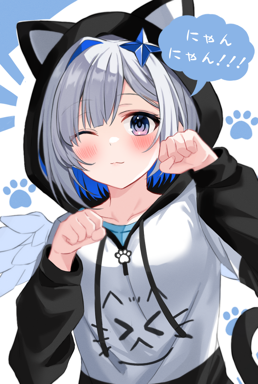 amane_kanata, angel, angel_wings, animal_hood, blue_eyes, breasts, cat_hood, cat_tail
