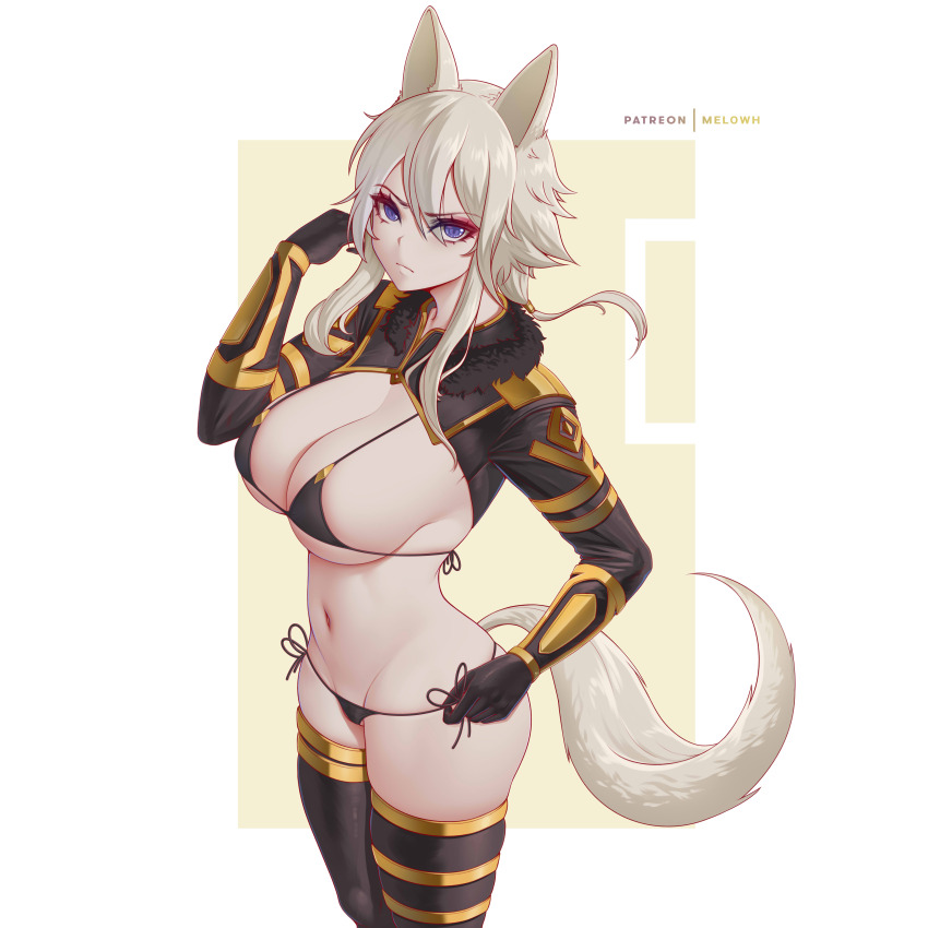 1girl, absurdres, adapted_costume, animal_ears, artist_name, bikini, blonde_hair, breasts, cat_ears, cat_girl, cat_tail, closed_mouth, commentary, english_commentary, extreme_crop_top, gloves, hair_between_eyes, highres, kage_no_jitsuryokusha_ni_naritakute!, large_breasts, looking_at_viewer, melowh, micro_bikini, mole, navel, patreon_username, purple_eyes, short_hair, simple_background, solo, swimsuit, tail, thighs, white_background, zeta_(kagejitsu)