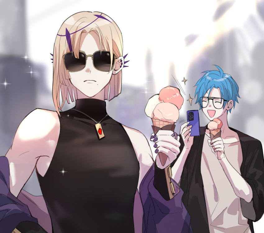 2boys, black-framed_eyewear, blonde_hair, blue_hair, blurry, blurry_background, expressionless, food