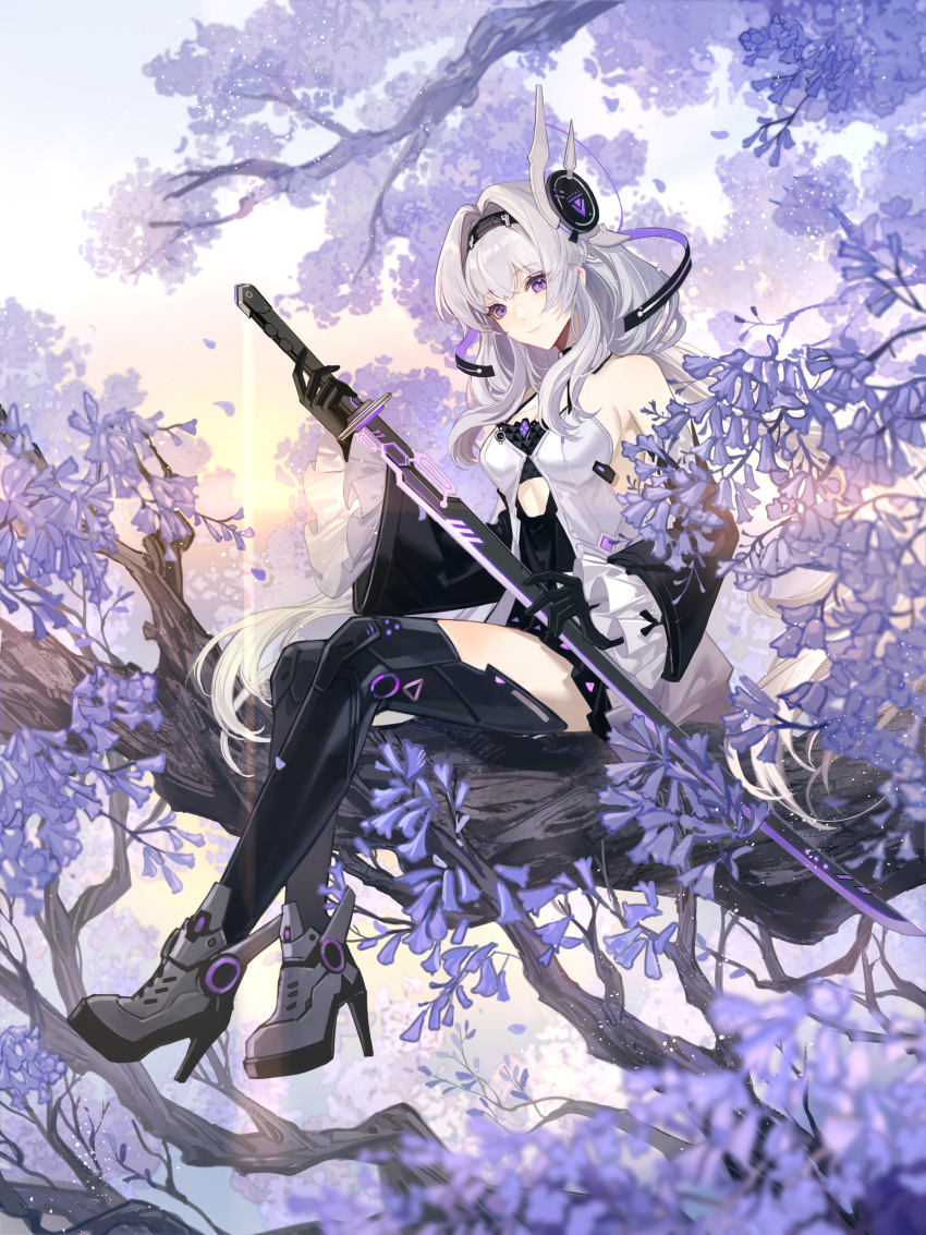1girl, absurdres, alicia_(anchor_panic), anchor_panic, bare_shoulders, black_gloves, breasts, detached_sleeves, gloves, grey_hair, hairband, high_heels, highres, holding, holding_sword, holding_weapon, katana, long_hair, medium_breasts, official_art, purple_eyes, senryoko, sitting_on_branch, solo, sword, thighhighs, weapon