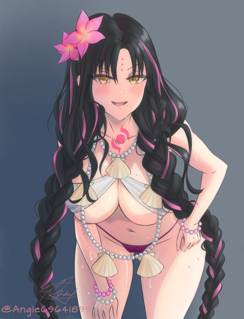 1girl, angie03, black_hair, bracelet, braid, breasts, chest_tattoo, cowboy_shot, facial_mark, fate/grand_order, fate_(series), flower, forehead_mark, forehead_tattoo, hair_flower, hair_ornament, highres, jewelry, large_breasts, leaning_forward, long_hair, multicolored_hair, navel, necklace, pearl_bracelet, pearl_necklace, pink_hair, sessyoin_kiara, sessyoin_kiara_(swimsuit_mooncancer)_(first_ascension), shell, shell_necklace, solo, standing, streaked_hair, tattoo, twin_braids, underboob, very_long_hair, yellow_eyes