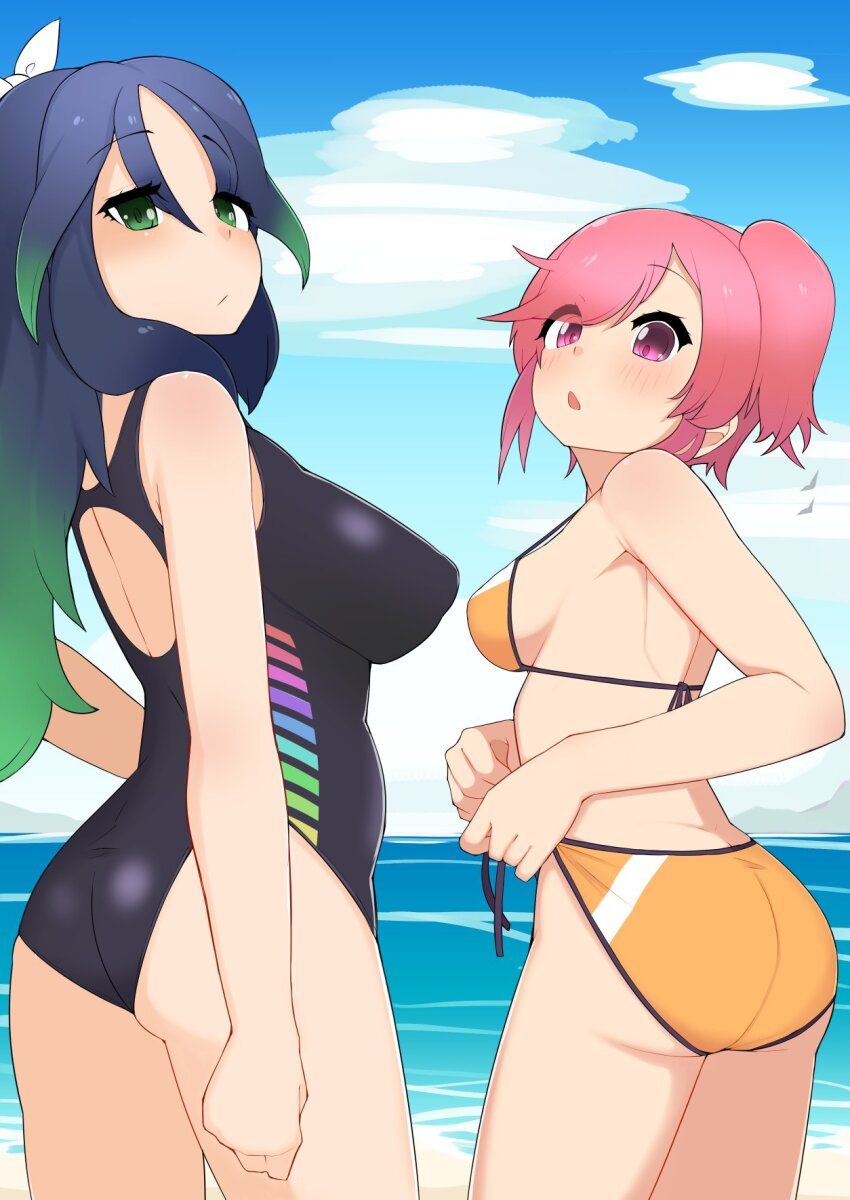 2girls, adjusting_clothes, adjusting_swimsuit, alternate_costume, bare_legs, bare_shoulders, beach, bikini
