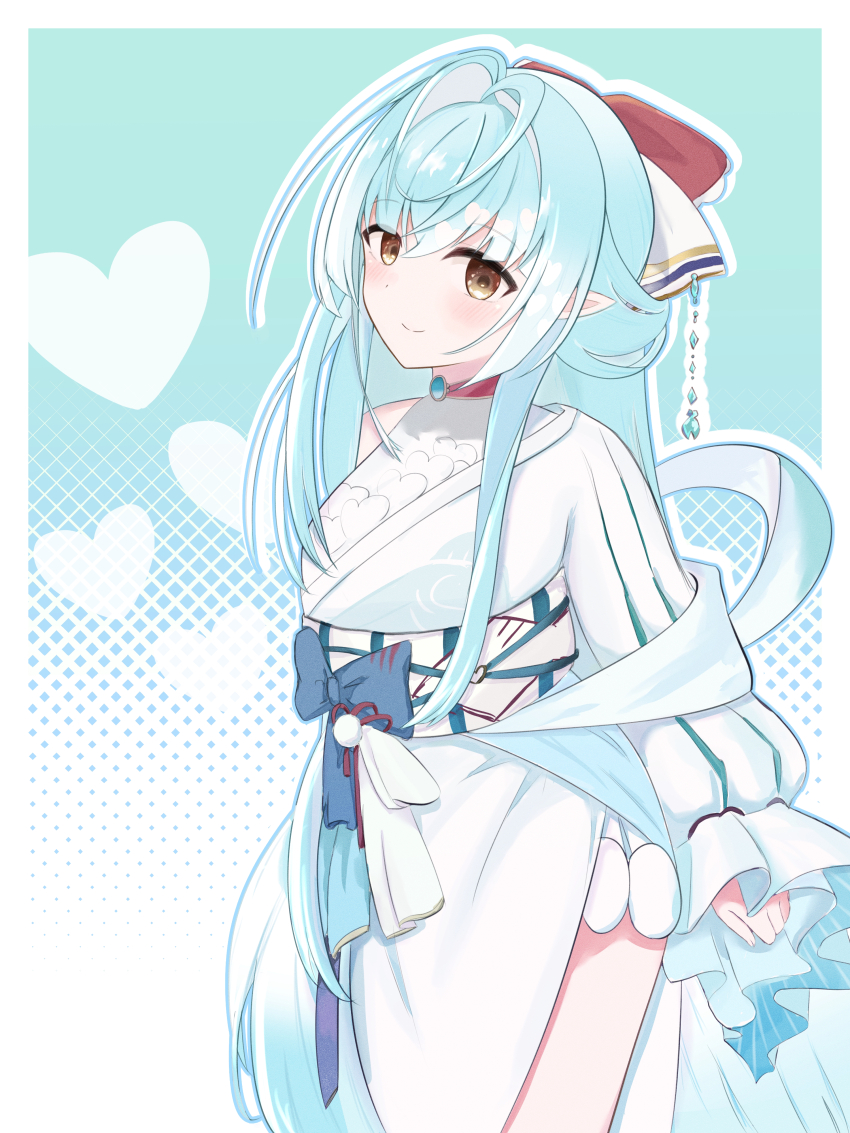 1girl, absurdres, aqua_background, blue_bow, blue_hair, bow, brooch, brown_eyes