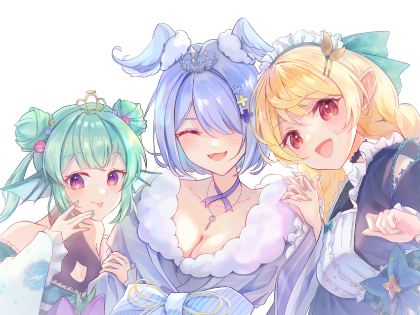 3girls, :p, apron, black_kimono, blue_hair, blue_nails, blue_wings, braid