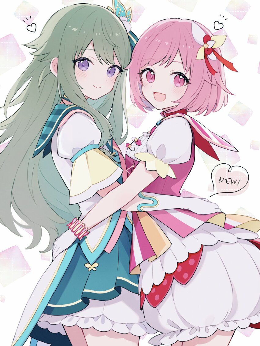 2girls, absurdres, bubble_skirt, elbow_gloves, gloves, green_hair, heart, highres, hrn_ohana, kusanagi_nene, long_hair, multiple_girls, ootori_emu, pink_eyes, pink_hair, project_sekai, puffy_short_sleeves, puffy_sleeves, purple_eyes, short_hair, short_sleeves, skirt, smile, white_gloves