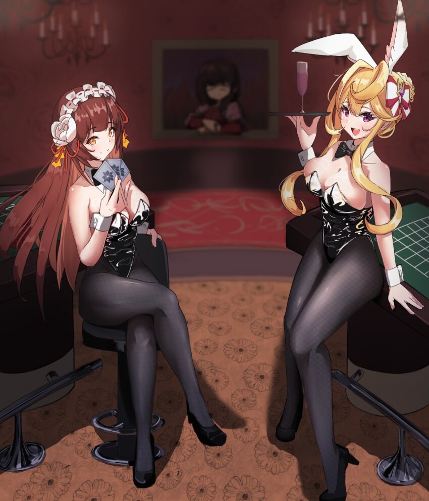 2girls, :d, animal_ears, bare_arms, bare_shoulders, black_footwear, black_pantyhose, blonde_hair, blunt_bangs, blush, bow, bowtie, breasts, brown_hair, card, casino_card_table, chair, champagne_flute, chandelier, chinese_knot, christmas_spirit_carol, cleavage, closed_mouth, commentary, crossed_legs, cup, detached_collar, drinking_glass, exorcist_miya, flower, frilled_hairband, frills, guardian_tales, hair_between_eyes, hair_bow, hair_flower, hair_ornament, hairband, high_heels, highres, holding, holding_tray, indoors, large_breasts, leotard, long_hair, looking_at_viewer, medium_breasts, multiple_girls, open_mouth, painting_(object), pantyhose, playboy_bunny, playing_card, purple_eyes, rabbit_ears, red_ribbon, ribbon, shootingstar_masa, sitting, smile, strapless, strapless_leotard, swivel_chair, table, tray, wing_collar, wrist_cuffs, yellow_eyes
