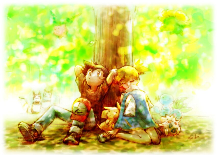 1girl, ash_ketchum, asymmetrical_hair, denim, denim_shorts, furret, gen_1_pokemon, gen_2_pokemon