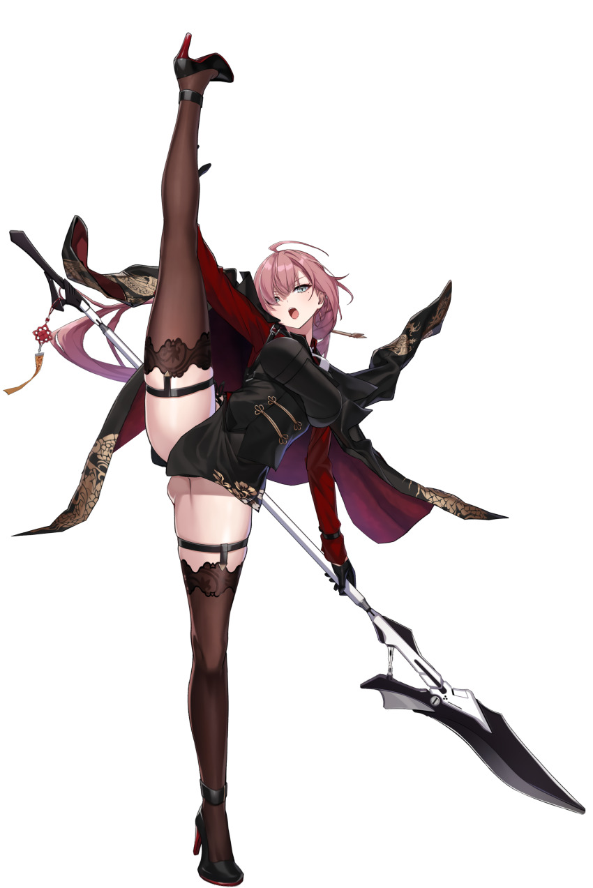 1girl, absurdres, black_coat, black_footwear, black_gloves, black_thighhighs, ciel_(counter:side), coat, counter:side, full_body, gloves, grey_eyes, high_heels, highres, holding, holding_polearm, holding_weapon, leg_lift, looking_at_viewer, official_art, pink_hair, polearm, skirt, solo, spear, tachi-e, thighhighs, transparent_background, weapon