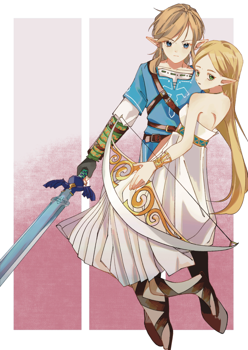 1boy, 1girl, armlet, armor, bare_shoulders, belt, belt_buckle, blonde_hair