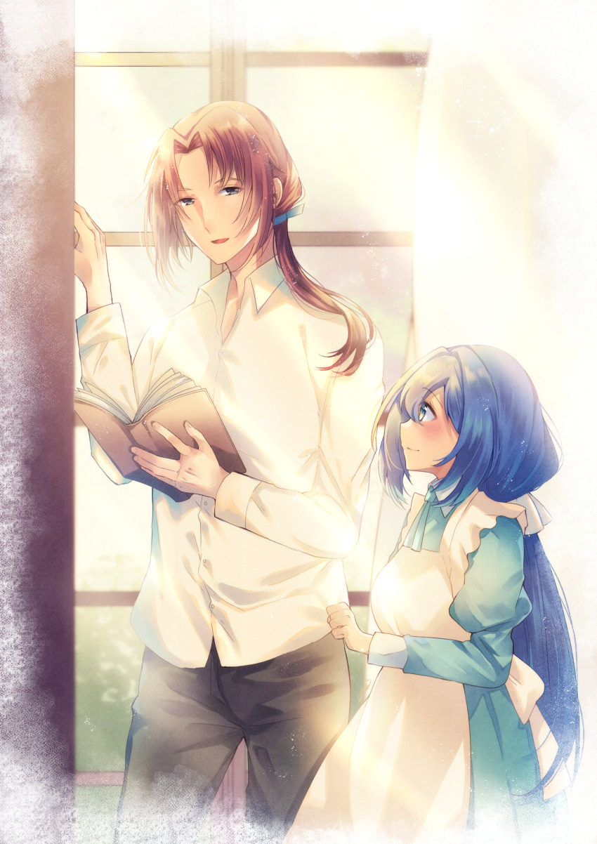 1boy, 1girl, age_difference, apron, black_pants, blue_eyes, blue_hair, blue_ribbon