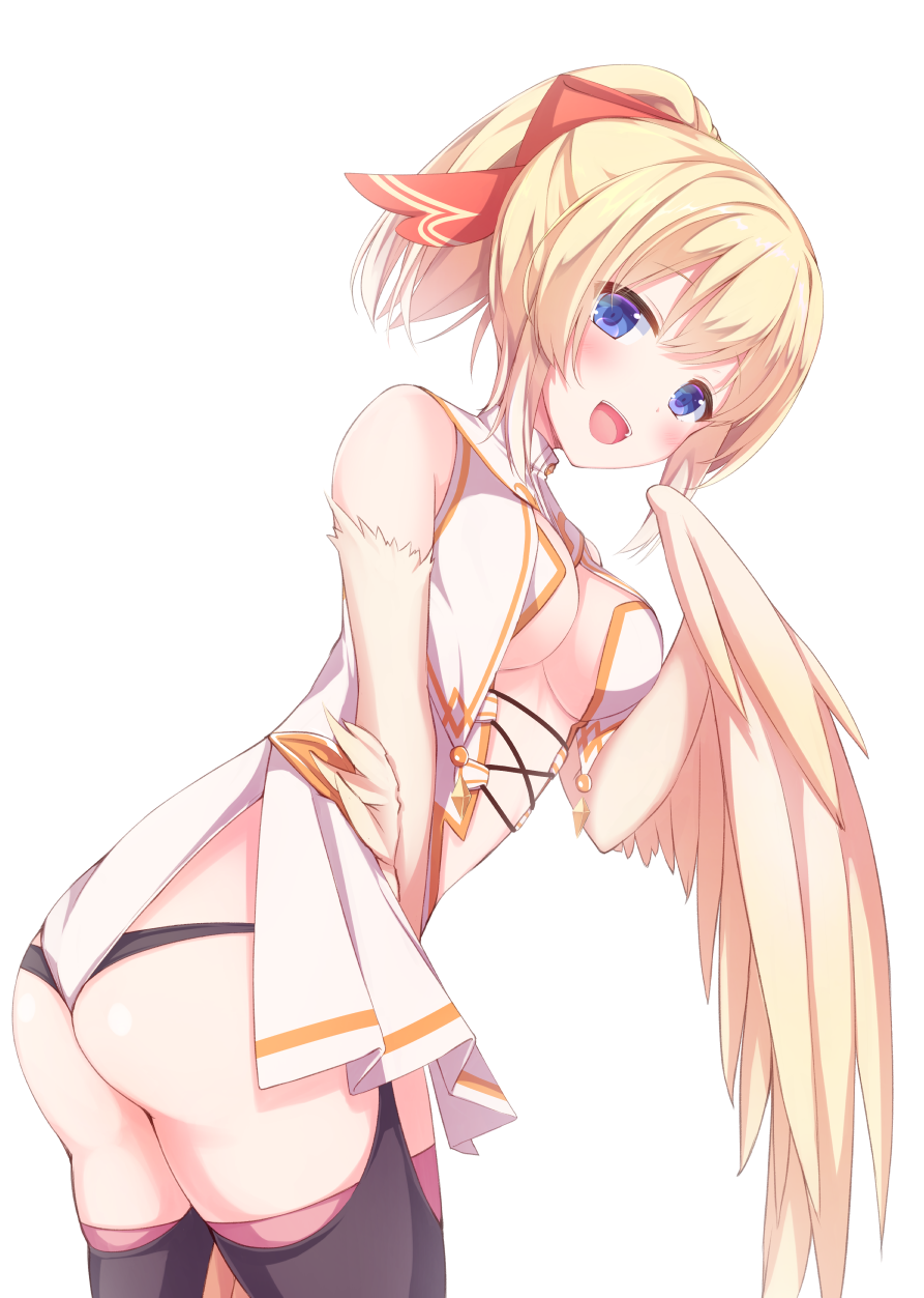1girl, ass, black_panties, black_thighhighs, blonde_hair, blue_eyes, breast_curtains, breasts, cleavage, clothing_cutout, collar, hair_ribbon, harpy, highres, indie_virtual_youtuber, kulori, leotard, lucastre_mavia, monster_girl, open_mouth, orange_ribbon, panties, ponytail, ribbon, solo, thighhighs, underwear, virtual_youtuber, white_collar, white_leotard, wings, yellow_wings