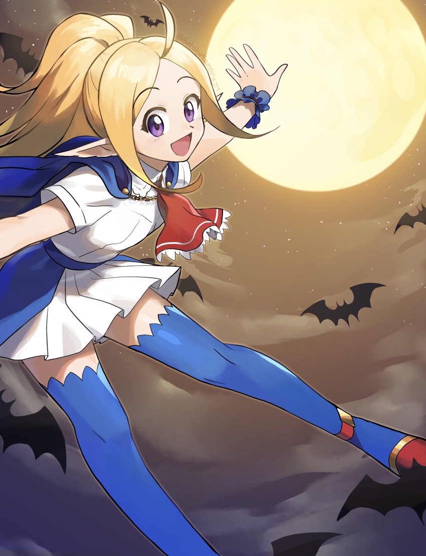 1girl, absurdres, ascot, bat_(animal), betabetamaru, blonde_hair, blue_thighhighs, capelet