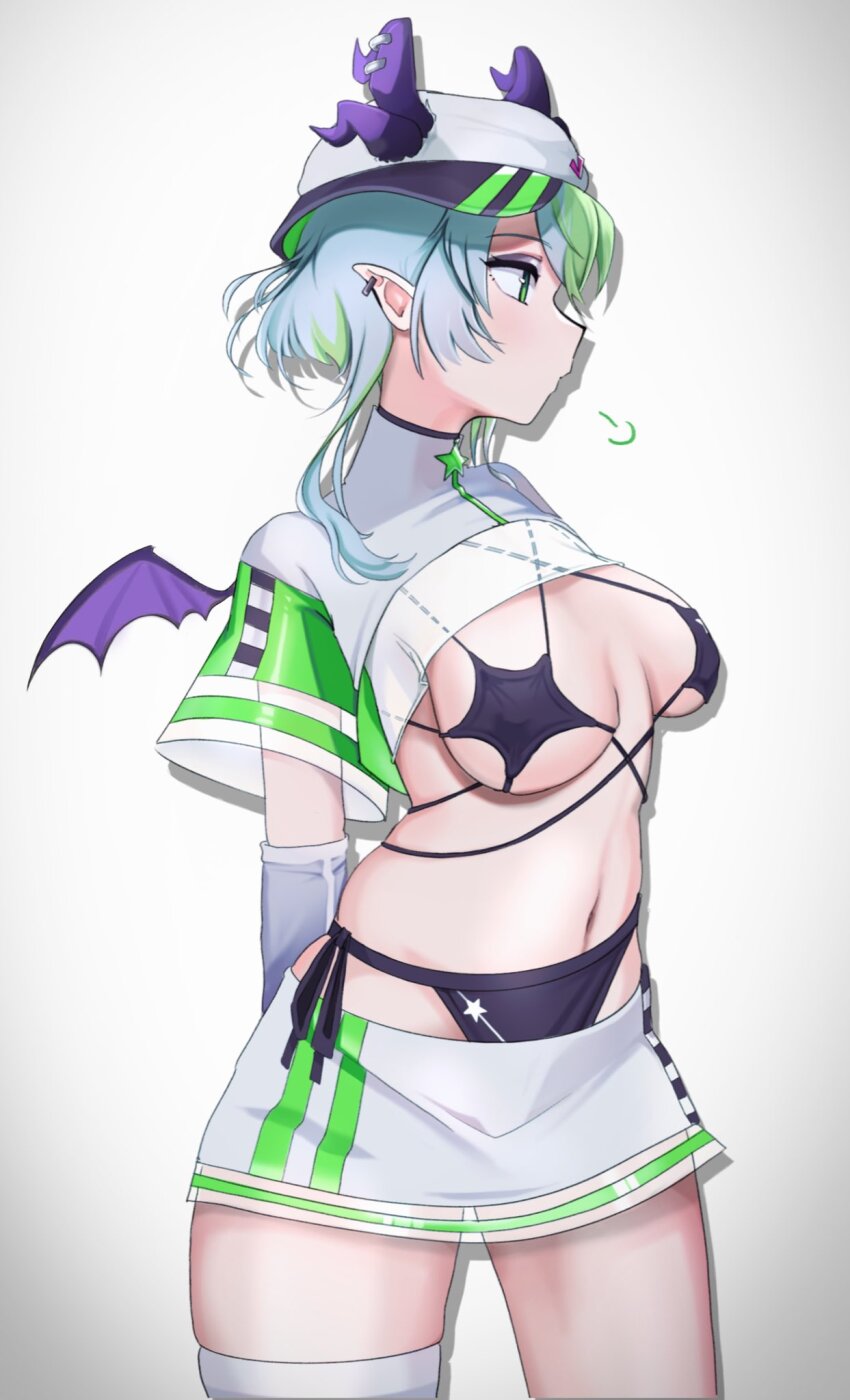 1girl, apricot_the_lich, apricot_the_lich_(race_queen), arms_behind_back, bikini, black_bikini, closed_mouth, cropped_shirt, demon_girl, demon_horns, demon_wings, ear_piercing, elbow_gloves, eyeshadow, gloves, green_eyes, green_hair, grey_hair, hat, highleg, highleg_bikini, highres, horns, horns_through_headwear, looking_to_the_side, makeup, miniskirt, multicolored_clothes, multicolored_hair, multiple_horns, navel, piercing, pointy_ears, race_queen, see-through_clothes, short_hair_with_long_locks, short_sleeves, side-tie_bikini_bottom, sidelocks, simple_background, single_thighhigh, skirt, solo, star_(symbol), streaked_hair, swimsuit, thighhighs, viri_morelia_(artist), virtual_youtuber, vshojo, white_background, white_skirt, wings