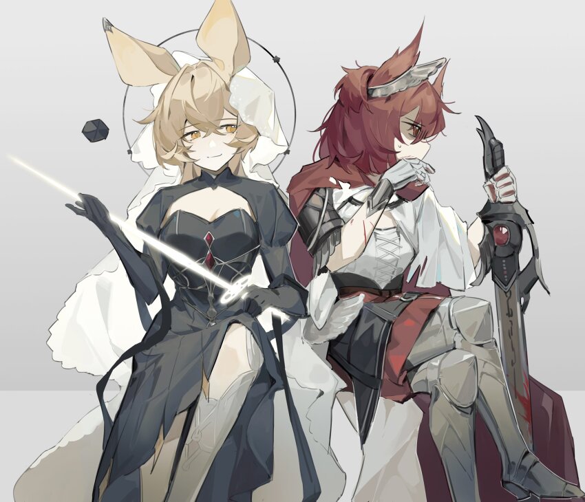 2girls, akechi_(826988799), animal_ears, arknights, armor, black_dress, black_skirt, blonde_hair