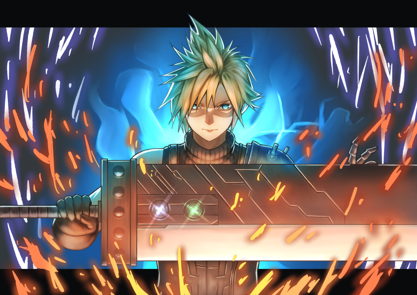 1boy, absurdres, armor, black_gloves, blonde_hair, blue_eyes, buster_sword, closed_mouth