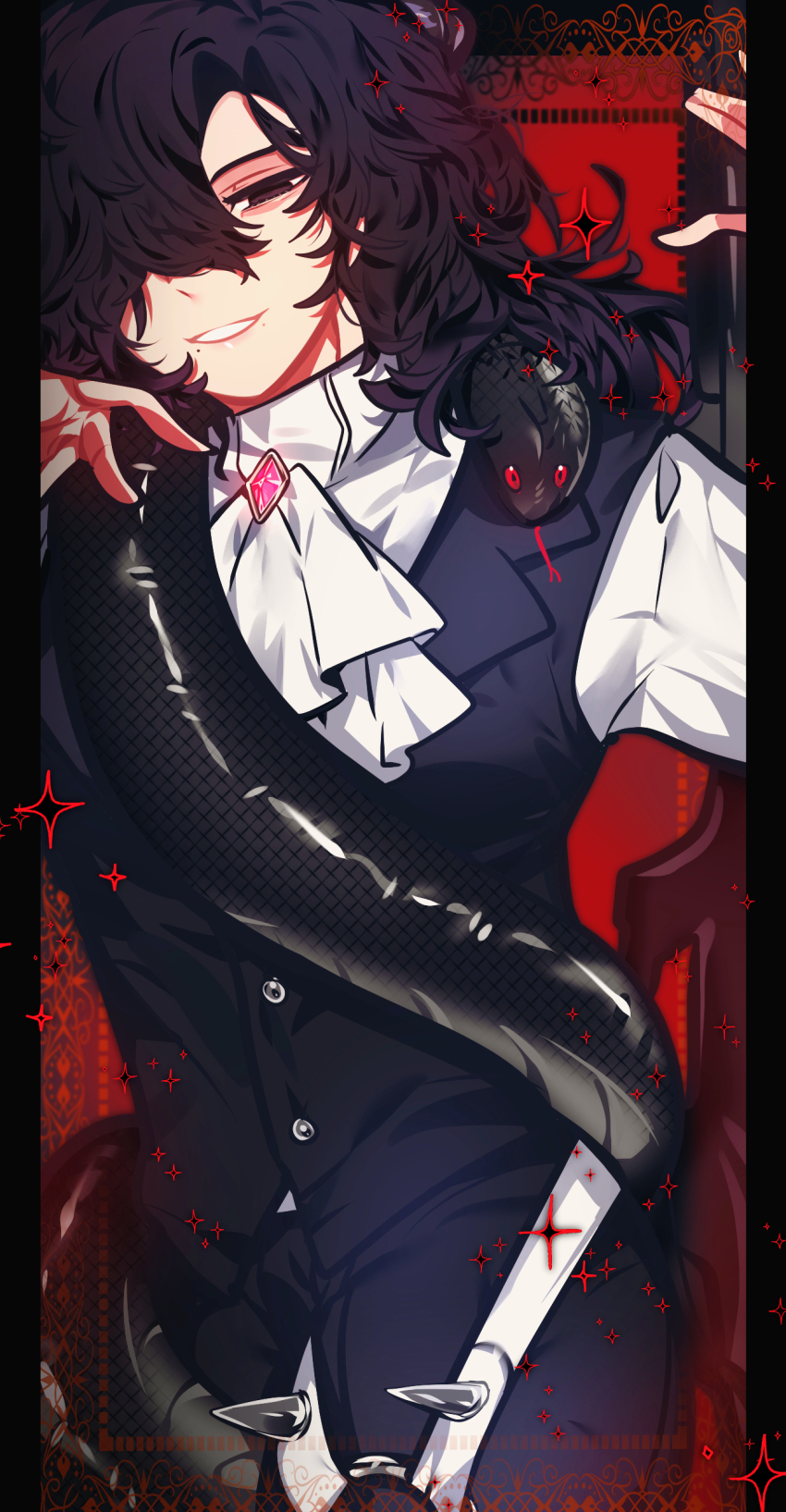 1boy, absurdres, animal, animal_around_neck, arm_up, ascot, astaroth_(what_in_hell_is_bad), black_border
