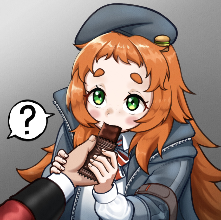 1girl, 1other, ?, beret, blush, bow, bowtie, burger_hat_ornament, candy, chocolate, chocolate_bar, commander_(girls'_frontline), commentary, fingernails, food, food_in_mouth, freckles, girls'_frontline, gradient_background, green_eyes, grey_background, grey_headwear, grey_jacket, griffin_&amp;_kryuger_military_uniform, hat, holding, holding_chocolate, holding_food, holding_hands, jacket, long_hair, long_sleeves, looking_at_another, looking_up, missileer, open_clothes, open_jacket, orange_hair, red_bow, red_bowtie, shared_speech_bubble, shirt, short_eyebrows, simple_background, solo_focus, speech_bubble, spoken_question_mark, upper_body, very_long_hair, vp9_(girls'_frontline), white_shirt, zipper