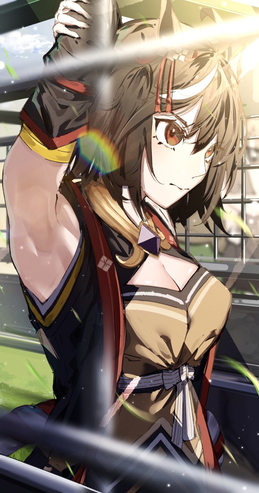 1girl, absurdres, ahoge, animal_ears, armpits, arms_up, black_hair, breasts