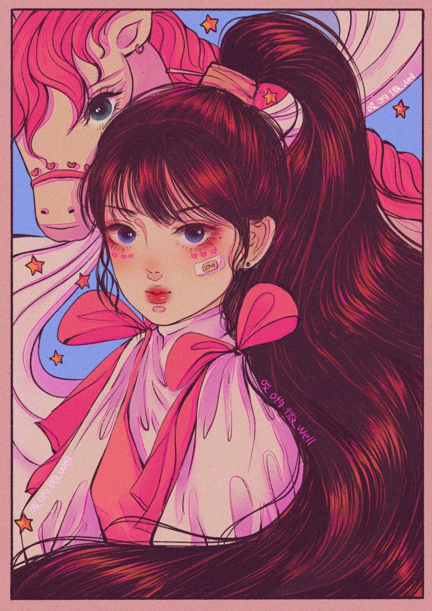 1girl, ai_yo_wei_well, artist_name, bandaid, bandaid_on_cheek, bandaid_on_face, blue_background, blue_eyes